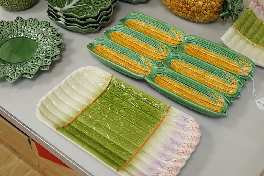 A collection of Portuguese majolica table wares and a dish etc